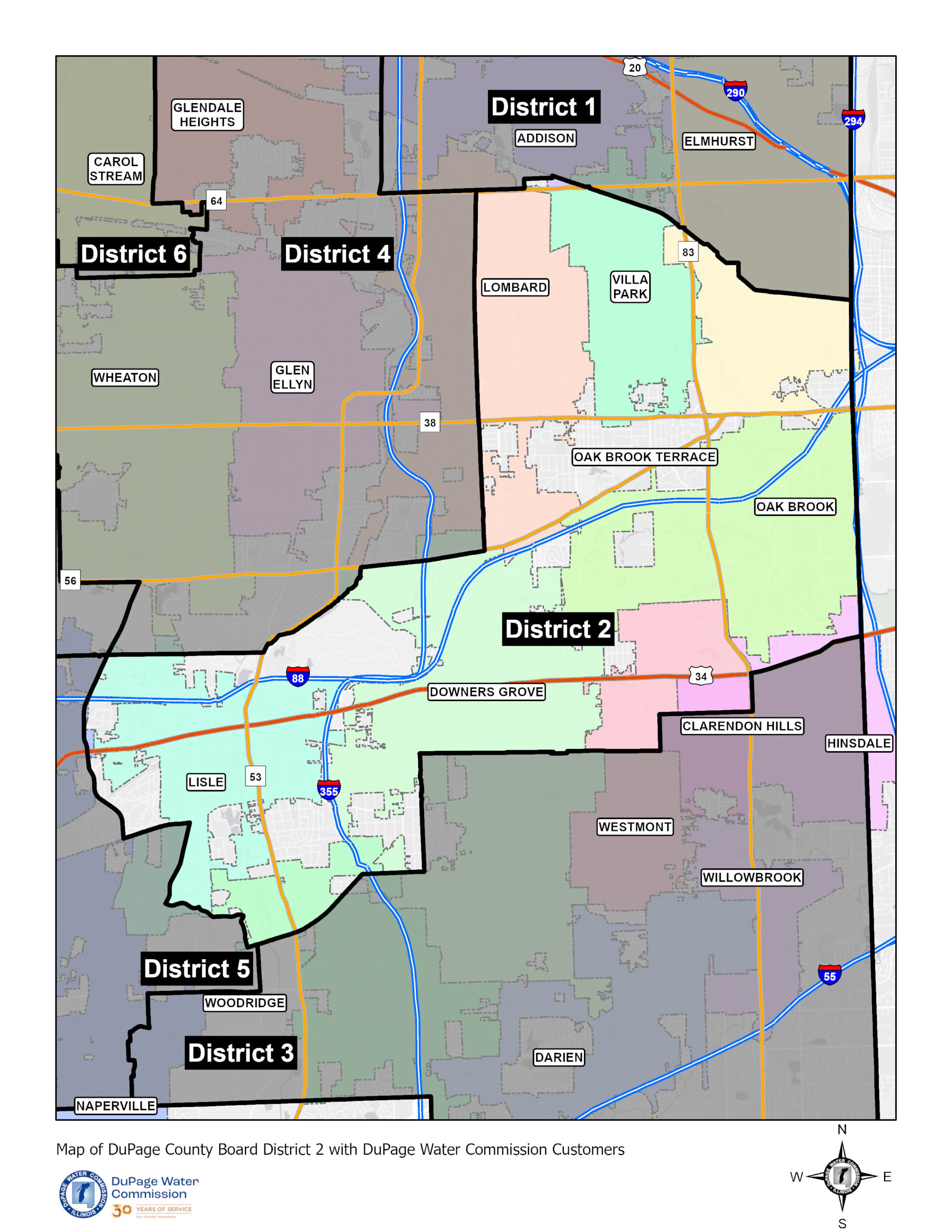 Map of DuPage County Board District 2 with DuPage Water Commission Customers