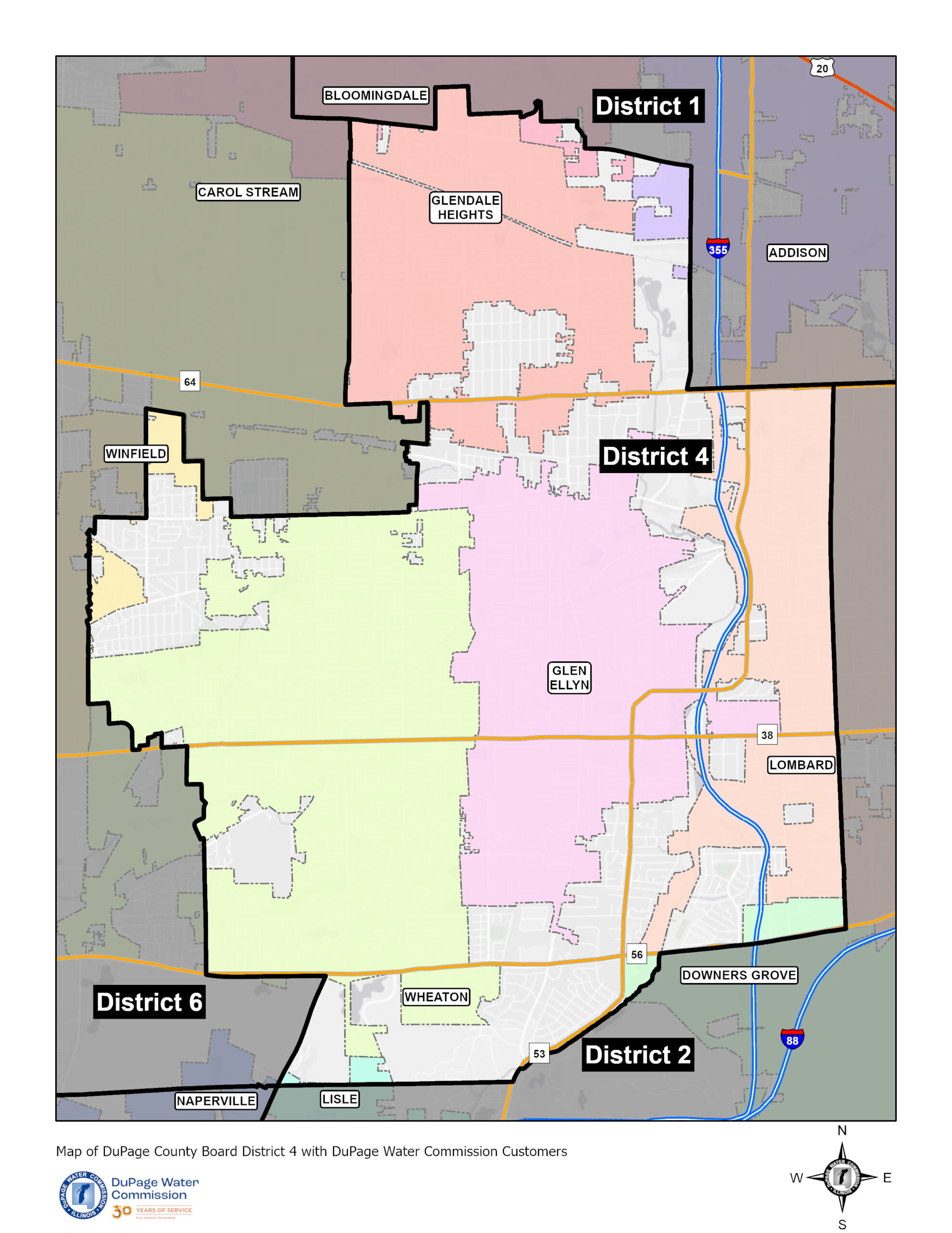 Map of DuPage County Board District 4 with DuPage Water Commission Customers